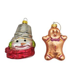 Lot 2x Snowmen of Mitford MURPHY BUCKET HEAD  3"‎  Blown Glass Gingerbread Man